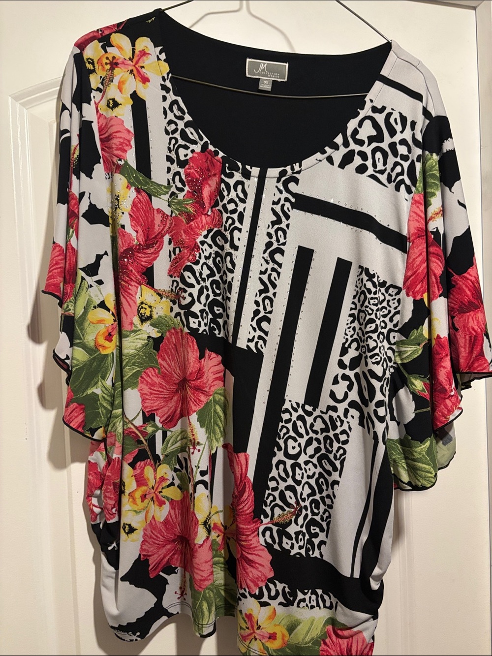 JM Collection Black Scoop Neck Tunic with Pink & Yellow Floral Accents